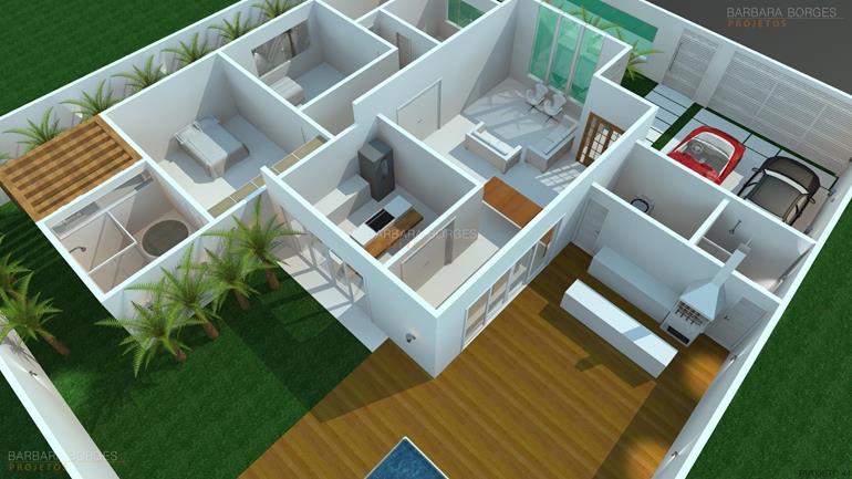 Planta de casa 3d com 3 quartos e cozinha americana 